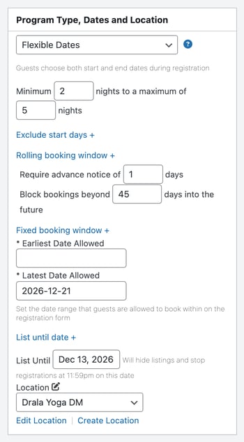 The Program Type, Dates and Location box set to Flexible Dates, with a minimum of 2 and a maximum of 5 nights, and Rolling booking window and Fixed booking window opened