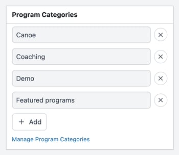 The Program Categories box with four categories added, each with an X beside it, then the Add button and the Manage Program Categories link