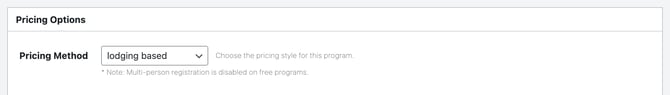 The top of the Pricing Options box, with Pricing Method set to lodging based