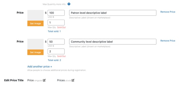 Two simple, multiple prices: $100 with a Max Qty. of 1 and Total sold: 1, and $50 with a Max Qty. of 2 and Total sold: 2. Both are marked Sold Out