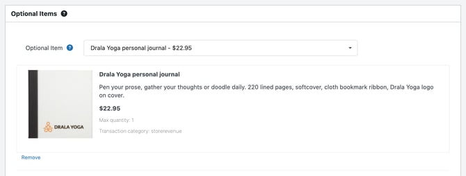 The Optional Items box with one item picked, showing its image, description, price, Max quantity and Transaction category
