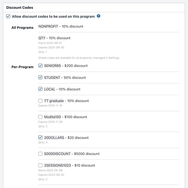 The Discount Codes box with Allow discount codes to be used on this program ticked, the All Programs codes, and Per-Program codes with some ticked