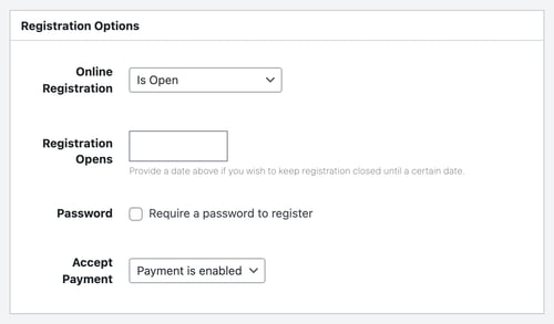 The Registration Options box with Online Registration set to Is Open, an empty Registration Opens date, Password, and Accept Payment set to Payment is enabled