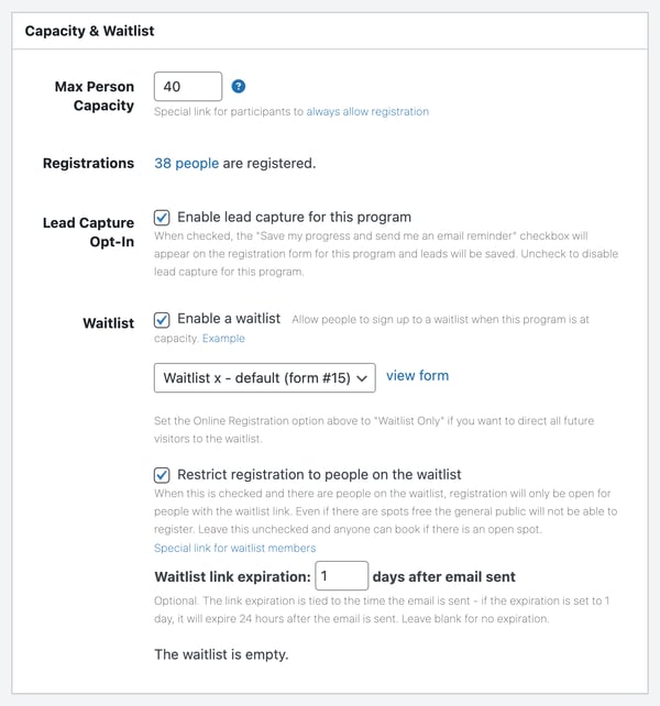 The Capacity & Waitlist box with a Max Person Capacity of 40, the always allow registration link, 38 people registered, lead capture ticked, and Enable a waitlist and Restrict registration to people on the waitlist ticked