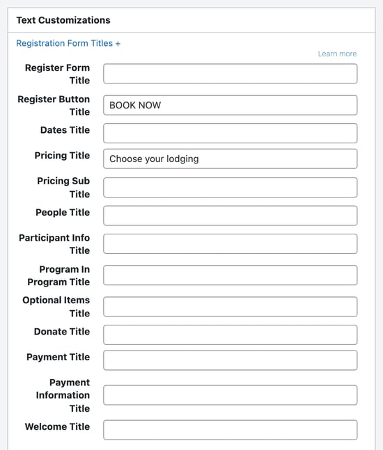 The Text Customizations box with Registration Form Titles + opened, and Register Button Title set to BOOK NOW