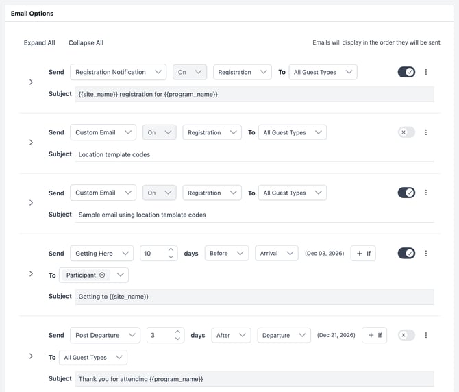 The Email Options list. Registration Notification is sent On Registration, Getting Here 10 days Before Arrival to Participant, and Post Departure 3 days After Departure. Each row has its own switch