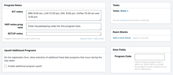 The Advanced tab, with Program Notes, Upsell Additional Programs, Tasks, Room Blocks, and Data Fields holding Program Code