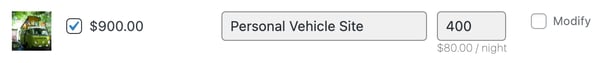 A ticked lodging type, Personal Vehicle Site, with a Total price of $900.00, a Lodging part of 400 and an unticked Modify checkbox