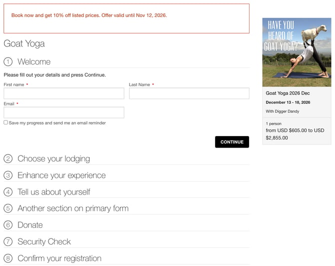The registration form for Goat Yoga 2026 Dec as it opens. The steps run from Welcome to Confirm your registration with no dates step, and the sidebar shows December 13 - 18, 2026. The early bird message sits at the top