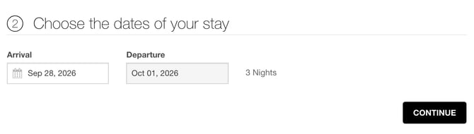 The Choose the dates of your stay step on a Package program. The guest picks Arrival. Departure is filled in three nights later and greyed out