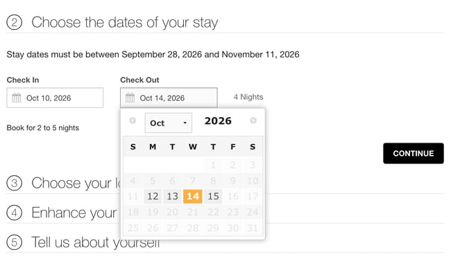 The dates step on a Flexible Dates program, reading Stay dates must be between two dates and Book for 2 to 5 nights. Check In is the 10th, and the open Check Out calendar allows only the 12th to the 15th