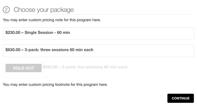 The Choose your package step. $230.00 Single Session and $630.00 3-pack can be chosen. $930.00 5-pack is greyed out and marked SOLD OUT