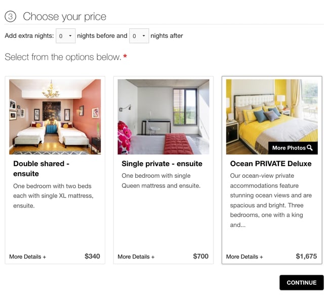 The Choose your price step on another lodging based program: Add extra nights above three lodging cards at $340, $700 and $1,675, each with More Details +