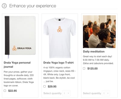 Three optional items, a journal at $22.95, a T-shirt at $29.95 and Daily meditation at $125.00, each with a tick box. Two also have a greyed-out Select quantity