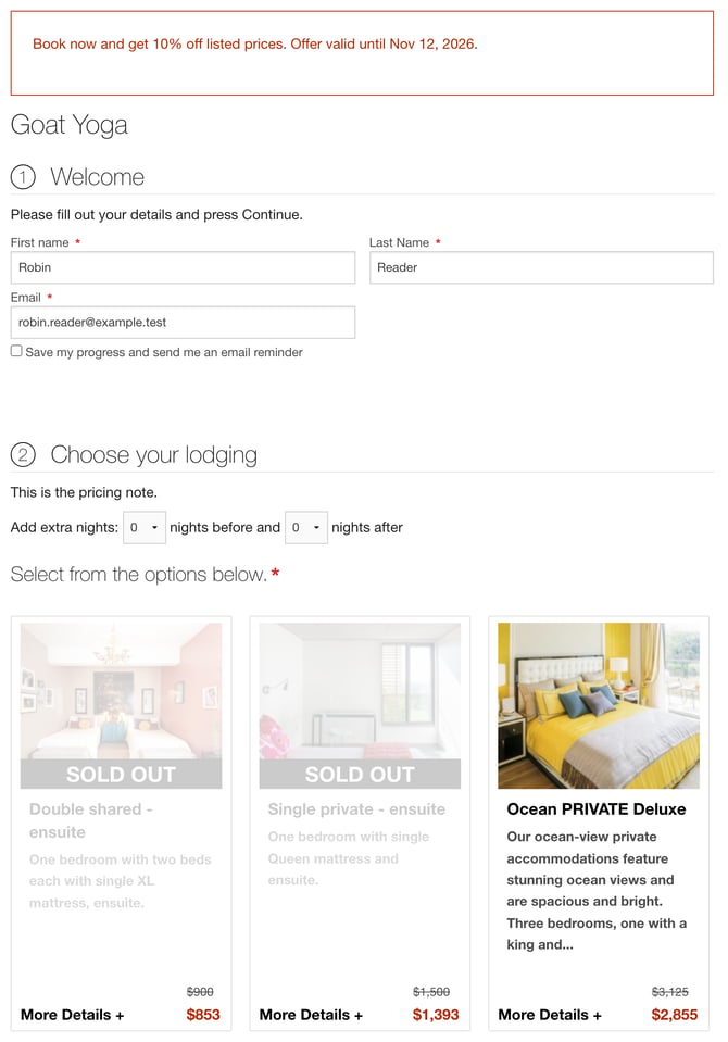 A red box above the form reads Book now and get 10% off listed prices. Offer valid until Nov 12, 2026. Below it, each lodging price is struck through beside the discounted price, and two lodging types show SOLD OUT