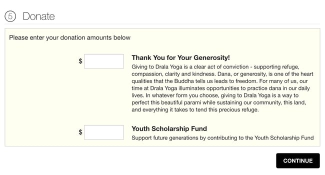 The Donate step, reading Please enter your donation amounts below, with an empty $ box beside Thank You for Your Generosity! and one beside Youth Scholarship Fund